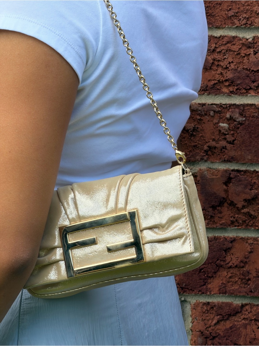 Fendi Mia Metallic Gold Mini Shoulder Bag with Chain Strap